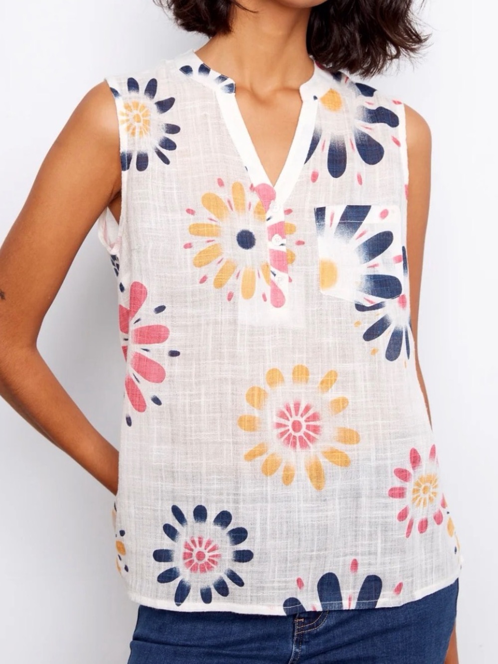 CHARLIE B Sleeveless Cotton/Modal V Neck Whimsical Top Size XXL